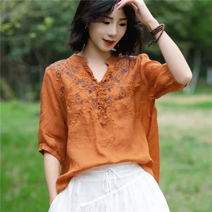 CottonDesign Female Embroidery Spliced Vintage V-Neck T-shirt Pullovers Summer  Women's Clothing Casual Fashion Solid Color Half Sleeve Tops Oversized  3BT0954