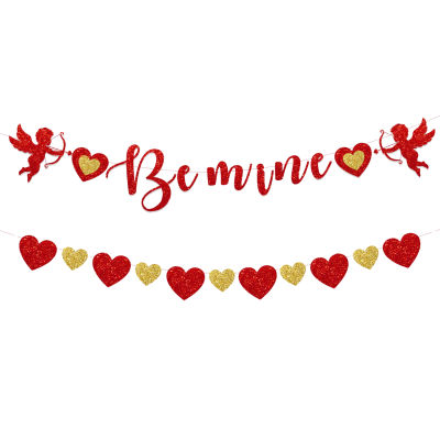 JOLLYBOOM วันวาเลนไทน์ Be Mine แบนเนอร์สีแดงทอง Glitter Heart Garland กามเทพวาเลนไทน์ข้อเสนองานแต่งงานตกแต่ง