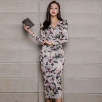 ร้อน, ร้อน★Impression Fashion Women Elegant Korean Floral V-neck Long Sleeve High Waist Bodycon Midi Dress