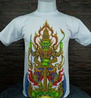 เสื้อยืด ลายไทย คอกลม สีขาว ลายท้าวเวสสุวรรณตาแดง   T003A WHITH