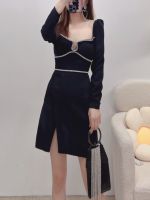 【YF】 2022 Autumn and Winter New Square Collar Solid Color Chain Decoration Slim Female Long-sleeved Mini Hem Slit Dress