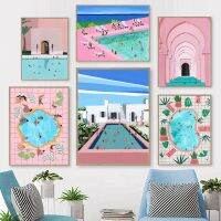 Scandinavian Pink Coastal Poster Summer Pool Party Beach Swimming Abstract Wall Art Canvas Prints Decor Pictures For Living Room