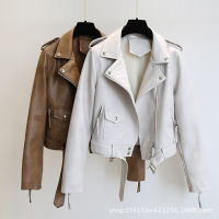 ร้อน, ร้อน★YUAAE Spring Autumn Women Faux Leather Jacket Slim Streetwear Khaki Leather Coat Biker Moto Jacket with Belt Female Outerwear