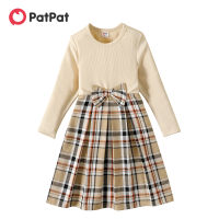 PatPat ชุดเด็กผู้หญิง Bowknot Design Ribbed Plaid Splice แขนยาวหญิงชุดเดรสสำหรับเด็กผู้หญิง Clothes