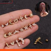 ZONGMA 1PC ผู้หญิง ผู้หญิง สตาร์ มูน ฮาร์ท กระดูกอ่อน Helix Tragus สีเงิน สีทอง CZ เจาะหู เครื่องประดับร่างกาย ต่างหูสตั๊ด