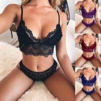 Two-piece Suit Fashion Temptation Lace Bras Solid Color Mesh Deep V Bra Panties