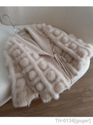 ℡◑✱ gsger Casaco de pele raposa real para mulheres cardigã solto jaqueta grossa misturado casaco inverno quente novo estilo 2023