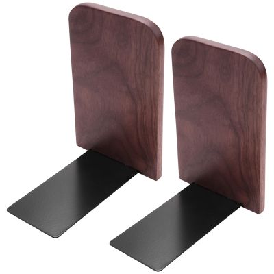 2Pcs Wooden Bookends with Metal Base Heavy Duty Black Walnut Book Stand with Anti-Skid Dots for Office Desktop or Shelves