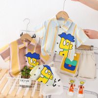 2023 Summer Children Toddler Boy Top And Bottom Set Cartoon Striped Short Sleeve Shirts Shorts Pants Suit Baby Boy Outfit Set