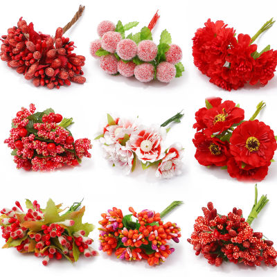 ผสมสีแดงดอกไม้ประดิษฐ์เชอร์รี่เกสรเบอร์รี่มัด DIY เค้กแต่งงานกล่องของขวัญตกแต่ง