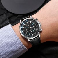 Mens Office Casual Sports Watch Leather Strap Metal Three Eyed Stone Watch Mens Clock Fashion Chronograph