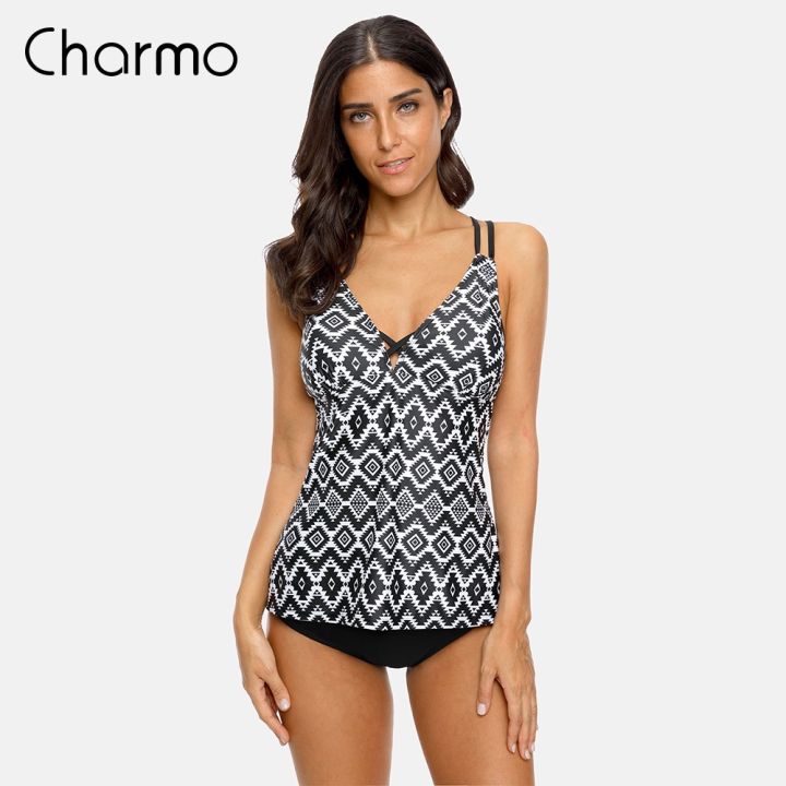 Charmo Womens Two Pieces Swimsuit Geometric Printed Swimwear Back Strappy  Tankini Set Padded Sexy Bikini Beach Wear X1