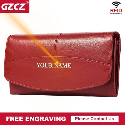 Free Engraving Genuine Leather Women Wallet Convenient Phone Pocket Large-capacity Purse Clutch Bag RFID Blocking Card Holder
