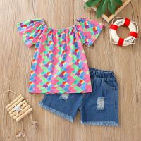 [COD] European and childrens summer wholesale foreign style two-piece scale printing short-sleeved denim