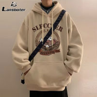 Lansboter เสื้อสเวตเตอร์สำหรับผู้ชาย,สเวตเชิ้ตคู่รักเสื้อกันหนาวมีฮู้ดลำลองพิมพ์ลายหลวงขนาดใหญ่พร้อมกระเป๋า