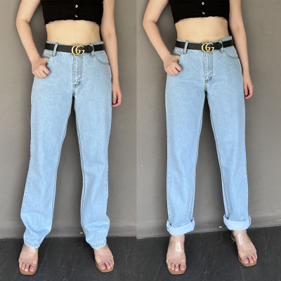 Golden Zebra Jeans กางเกงยีนส์หญิงฟอกนิ่มขากระบอกสีฟ้าอ่อนผ้าไม่ยืดไซส์เล็กไซส์ใหญ่