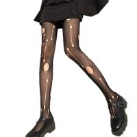 ผู้หญิง Retro Distressed Ripped Hole สีดำ Pantyhose Hollow Out ตาข่าย Fishnet Silky Tights ถุงน่องชุดชั้นในเซ็กซี่ Clubwear