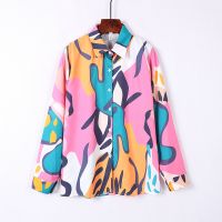 卐 Colorful Graffiti Printed Long-Sleeved Shirt Women Lapel Blouse Casual Fashion Top Womens Clothing