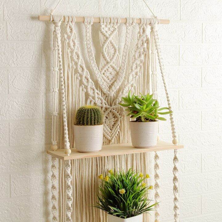 สองชั้นโบฮีเมียน-macrame-ที่แขวนผ้าติดผนังชั้นวางของตกแต่งบ้านที่เก็บของทำจากไม้ดอกไม้แขวนผนังแบบทอด้วยมือ