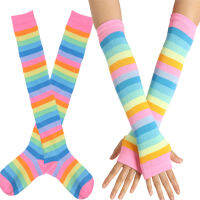 Womens Rainbow Stripes Over Knee Thigh High Socks Arm Warmer Fingerless Gloves Set Fancy Dress Cosplay Masquerade Party Costume