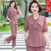 Mothers suit short-sleeved two-piece T-shirt summer chiffon suit foreign style fashion 50-year-old middle-aged and elderly womens clothing