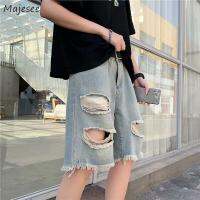 Summer Ripped Denim Shorts Men Hip-pop Casual Fashion Wide Leg Tassel Knee Length Outwear Loose Handsome Retro Streetwear S-3XL