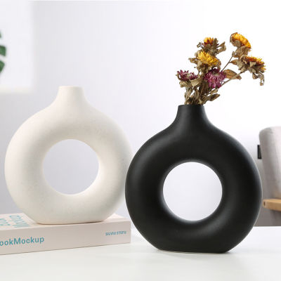 Ceramic Round Hollow Vase Donut Flower Pot Home Living Room Nordic Decoration Accessories Office Desktop Indoor Gift Ornament