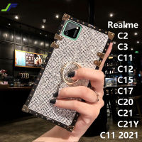 JieFie Realme C11 / C12 / C15 / C17 / C20 / C21 / C21Y / C25Y / C35 / C11 2021 / C3 / C30 / C30S เพชรแววเคสโทรศัพท์หรูฝาปิดโทรศัพท์หนังอ่อนตารางพร้อมขาตั้งแหวน