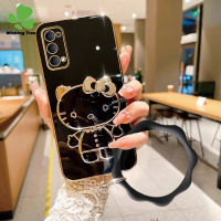 เคสสำหรับ OPPO Reno Reno2 Reno2 F Reno4 Reno 4 Pro Reno5 Reno5 K Reno 5 Pro Reno5 Z Reno6 Reno 6 Pro 5G Reno6 Z ตัวชุบโลหะหรูหรา Fashion KT ที่ใส่โทรศัพท์กระจกเงาโต๊ะเครื่องแป้งแมว + กำไลข้อมือ