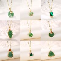 Vintage Style Lucky Guard Green Pendant Stainless Steel Necklaces For Women Fashion Elegant Female Clavicle Chain Jewelry Gift Headbands