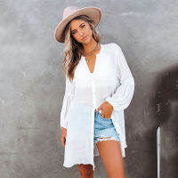 DN0851สีขาว Beach Cover Up เสื้อ Oversize V คอยาวแขนบิกินี่ Kaftan Mini Dress ชุดว่ายน้ำฤดูร้อน