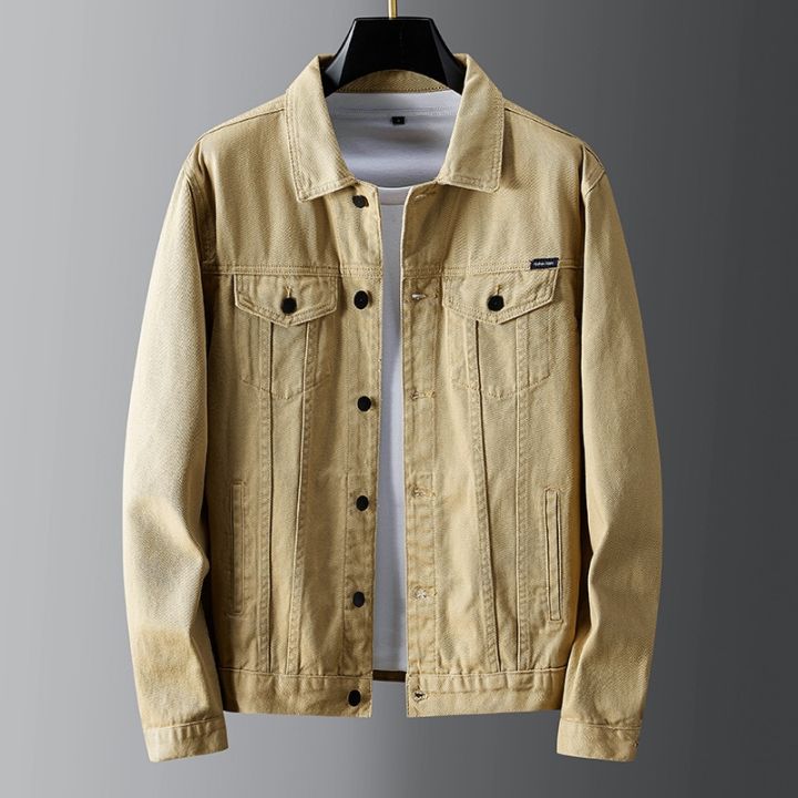 Men's Khaki Denim Jacket Fashiona Casual Korean Pocket Design Slim Fit ...