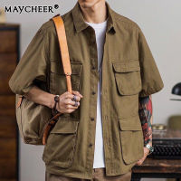 MAYCHEER เสื้อเชิ้ตเทรนด์ของผู้ชาย เสื้อเชิ้ตสไตล์ฮาราจูกุ เสื้อสไตล์ขี้เกียจ แบบเรียบง่ายสีทึบแฟชั่นหลวม เสื้ออินเทรนด์สำหรับเยาวชน เสื้อเชิ้ตแขนห้าส่วน