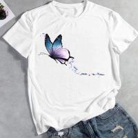 เสื้อยืดผ้าฝ้ายWomen Short Sleeve Clothes Print Tops Fashion Cartoon Lady erfly 90s Cute Sweet Tees Female Summer Tshirt Graphic T-Shirt