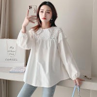 2022 Spring Fashion Hollow Out Women Cotton Blouses Long Sleeve O-Neck Maternity Top Loose Sweet Pregnancy Shirts White