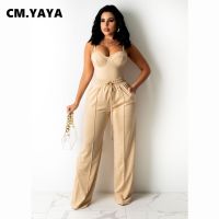 CM.YAYA Women Set Solid Sleeveless Strap V-neck Slim Tops Pockets Wide Leg Pants Two 2 Piece Set Fashion Outfit Summer Tracksuit