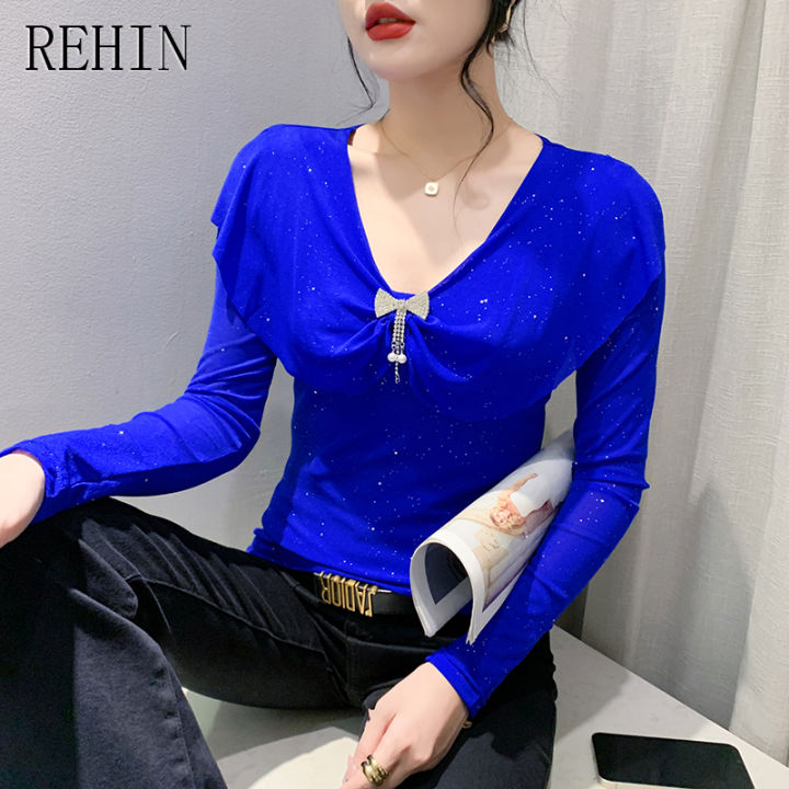 rehin-เสื้อผู้หญิง2023การออกแบบที่ไม่เหมือนใครมาใหม่ล่าสุดฤดูใบไม้ร่วง-แฟชั่นแขนยาวเสื้อยืดผ้าตาข่ายขอบใบบัว