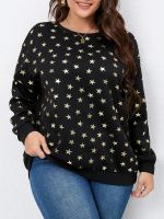 Yuisle Womens Casual Ladies Comfort Plus Size Sweatshirt Plus Allover Star Print Drop Shoulder Sweatshirt Leisure Perfect Comfortable Eye-catching (Color : Black, Size : X-Large)