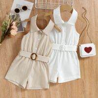 Summer Fashion Girl Infant Kids Clothes Hanging Neck Crepe De Chine Cotton Jumpsuit Shorts+Belt Europe America Sets 2Pcs 2-7T