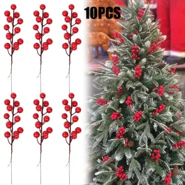 10pcs Artificial Pine Picks, Red Berry Stems with Snowflakes Flocked Holly  Artificial Pine Branches for Christmas Tree Decorations DIY Crafts Home  Decor