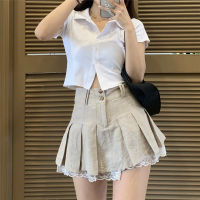 Spot parcel post Japanese Style Soft Girl Lace Trim Khaki Pleated Skirt Skirt Womens Clothing 2022 Autumn New High Waist Slimming Skirt