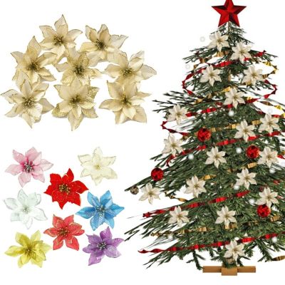 13cm Glitter Big Flower Head Artificial Silk Flower Christmas Tree Ornament DIY Christmas Decoration Flowers