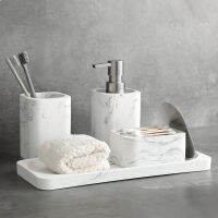 Bathroom Accessories Set Soap Dispenser Cotton Jar Mouthwash Cup Imitation marble TumblerToothbrush Holder and Tray Marble White