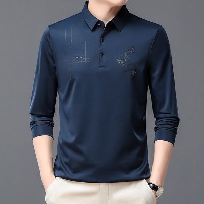 HOT11★BROWON T-Shirt Men 2023 Autumn Long Sleeve Turn-Down Collar Tee Tops Fashion Print Solid Color Smart Cal T Shirt Men Clothing