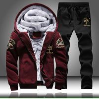 Hoodie MenWomen Fur Inside Tracksuit  Coat Fleece Sweatshirts+Sweatpants Suit Autumn Winter Warm Thick Mens Hooded Pullover