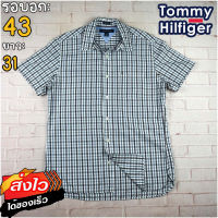 Tommy Hilfiger®แท้ อก 43 เสื้อเชิ้ตผู้ชาย ทอมมี่ ฮิลฟิกเกอร์ สีกรมฟ้า เสื้อแขนยาว เนื้อผ้าดี