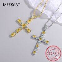 925 Sterling Silver Cross Necklace For Women 1CT VVS Lab Moissanite Diamond Cross Citrine Pendant Necklace Birthday Gift Jewelry