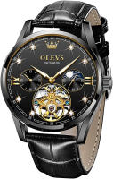 OLEVS Mens Leather Watches Automatic Mechanical Skeleton Tourbillon Diamond Luxury Self Winding Dress Wrist Watches Moon Phase Waterproof Luminous All Black