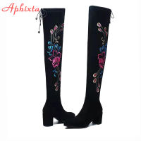 Aphixta 2021 Winter Embroider Flowers Shoes Womens Long Sock Boots Over The Knee Female Lace-up Square Heel Pointed Toe Shoes