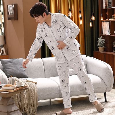 MUJI High quality mens pajamas mens long-sleeved autumn and winter thin section cotton middle-aged and young XL cardigan spring and autumn pajamas mens autumn